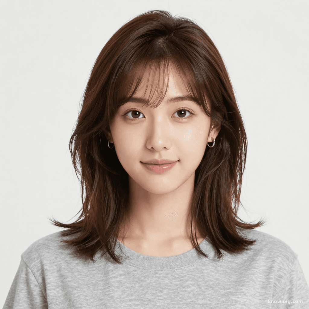 图片中的年轻人表情柔和、平易近人。她留着齐肩的棕色微卷发，层...