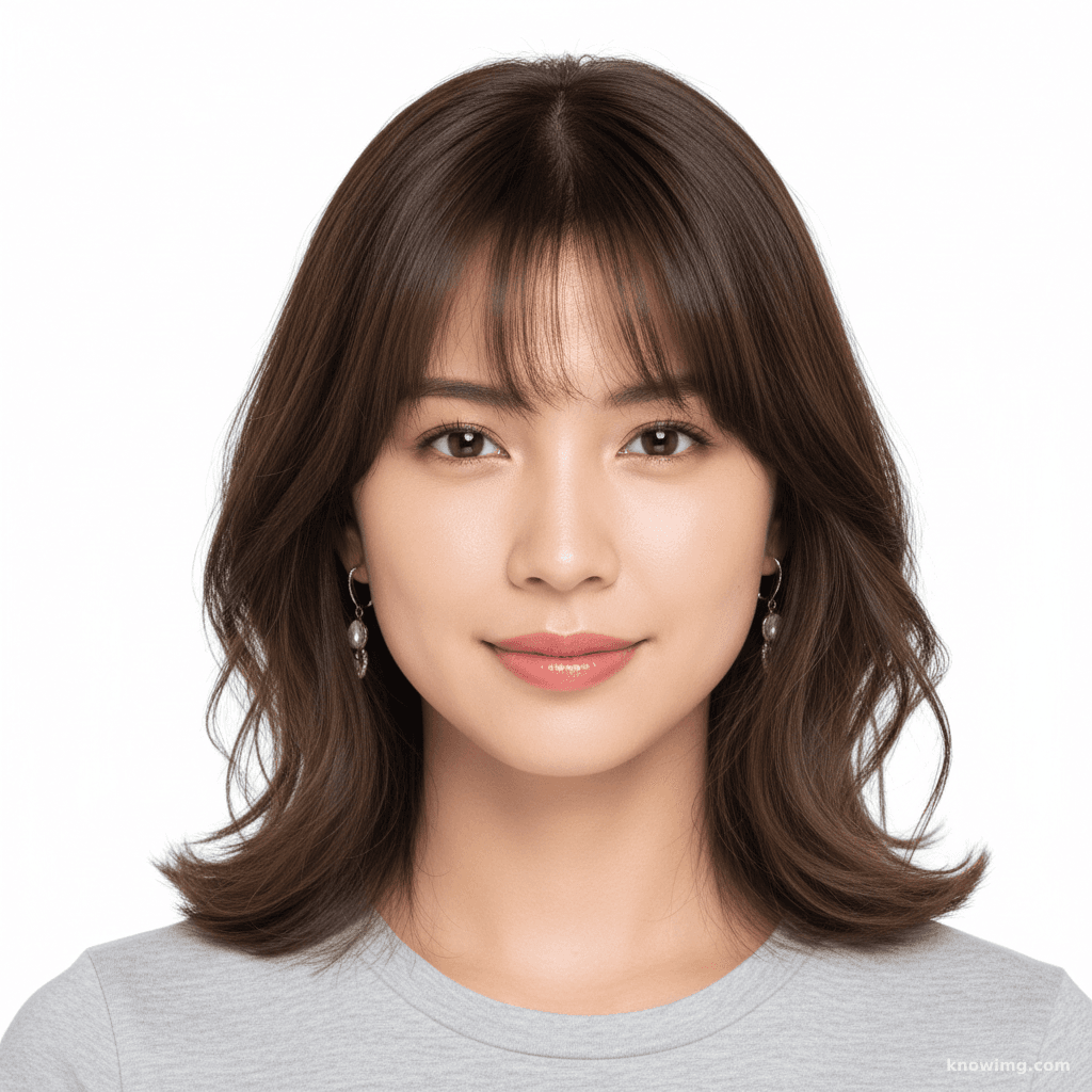 图片中的年轻人表情柔和、平易近人。她留着齐肩的棕色微卷发，层...
